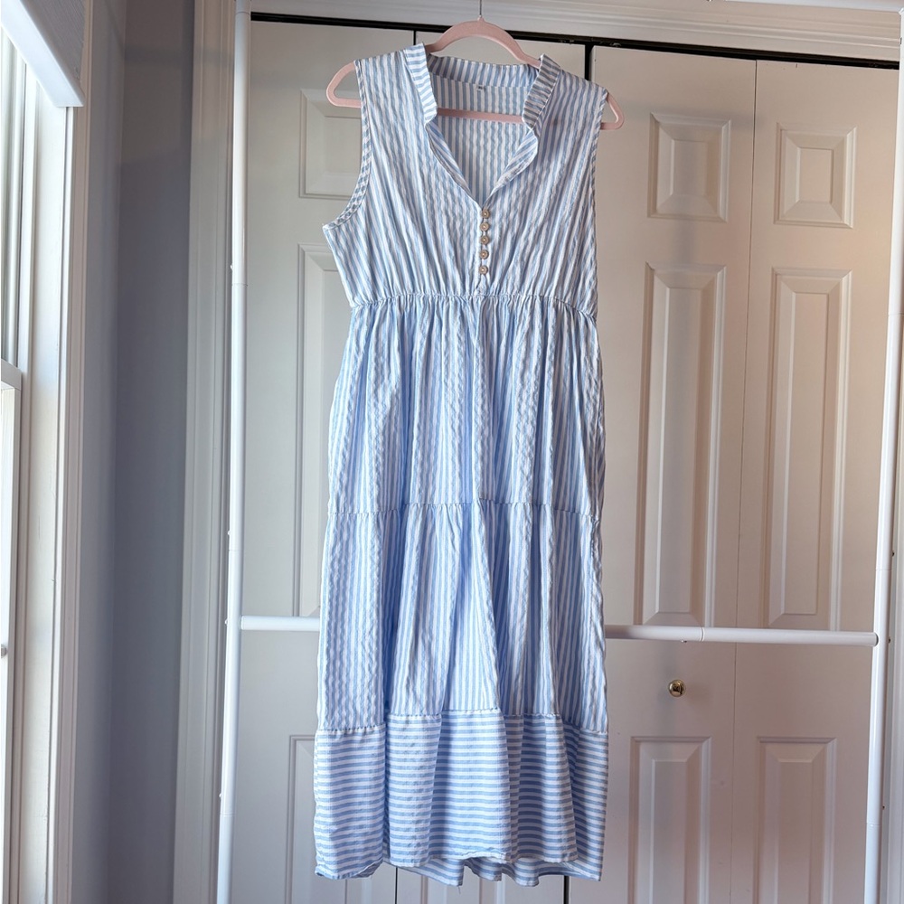Blue and White Striped Sleeveless Dress